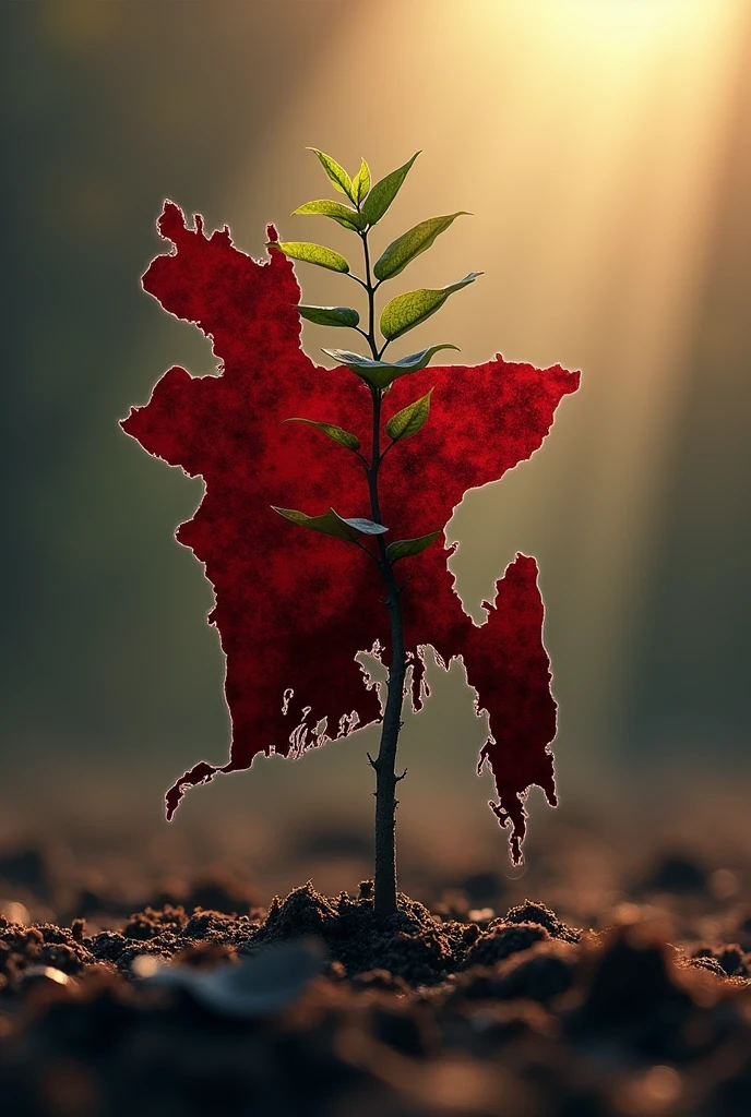 From the right side, the bloody map of Bangladesh is covered with blood on a tree sapling, and on the left, sunlight is falling on the sapling.