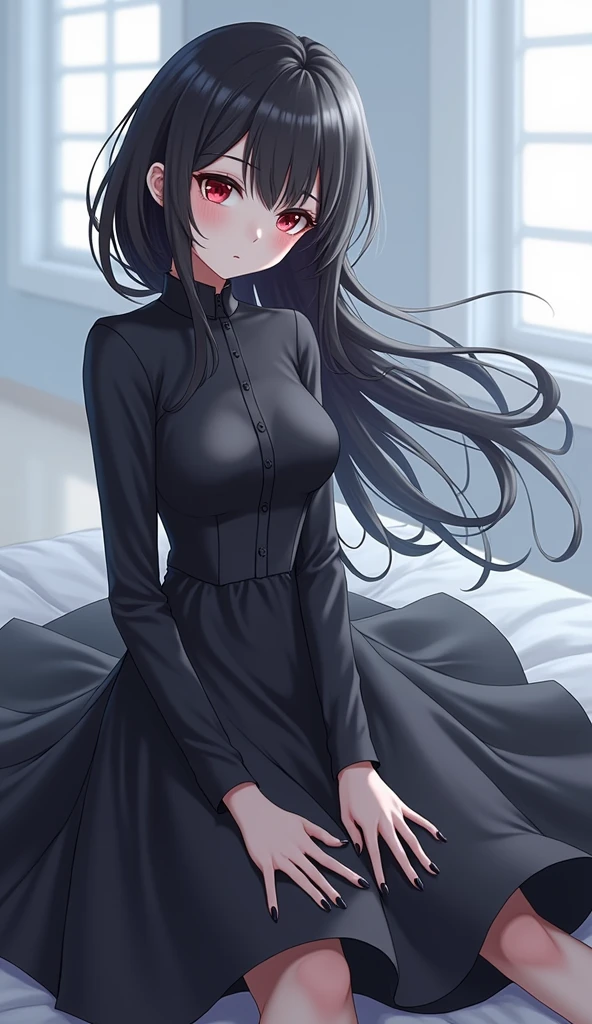 Soft lighting, detailed facial features, black dress, details, anime style, girl, long black hair, red eyes.