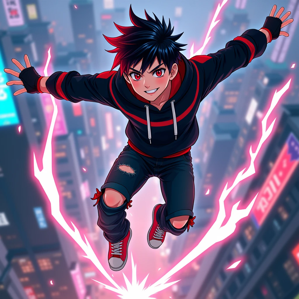 ((Hair: Pure black with red tips, short-spiky styled)), ((Appearance: Pale Fair-Skinned boy, around 168cm's height, lean, little muscular)), ((Eyes: Bright Red)), ((Clothes: Black long-sleeved hoodie with red stripes)), ((Under clothes: Black ripped jeans and red snikers)), ((Face: Handsome, cute, young ager of 18 years-old)), ((Action: Floating in mid-air with a mischievous grin on his face, on top of a city)), ((Accessories: Black fingerless glove's)), ((Facial Expression: Calm, laydback, handsome, soft blush)), ((City: Modern stiled, bright lighting)), ((Location: On top of a city, japan, shibuya-styled)), ((Other Action: moving his fingers and slicing in half a building)), ((Hand Action: moving his left-hand fingers, slashing-like attack generated by the movement)), ((Slash: Transparent common-like slashing attack that sliced a building in half)),