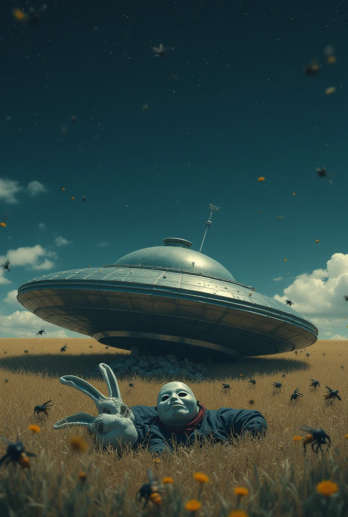 one with a rabbit mask lying on a UFO that just crashed in an open field, the UFO sank into the field ground, It's full of bees and stars in the sky. make the art pretty but still kind of scary