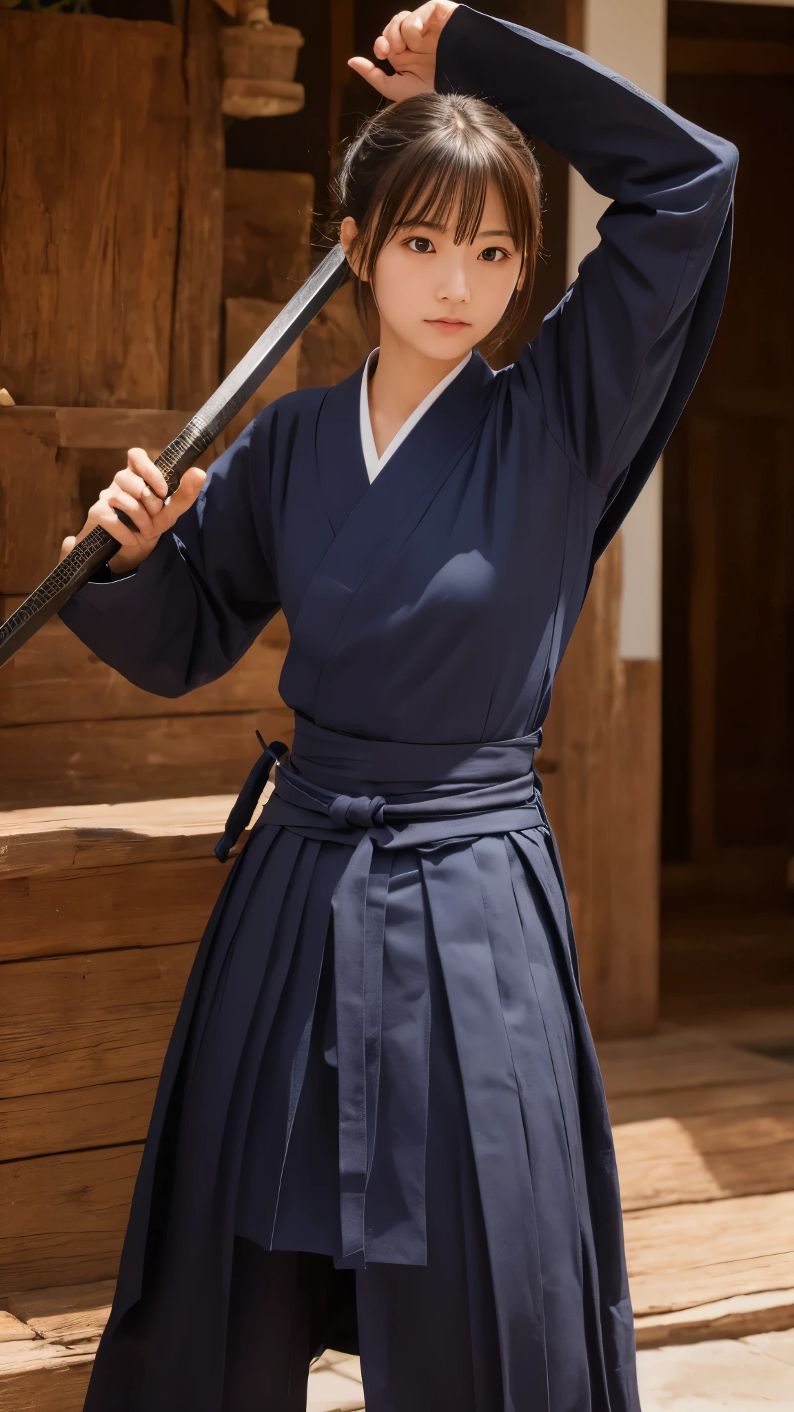 Kendo uniform, Japanese Sword, 両手にJapanese Swordを持って戦う, Stretch your arms out in front of you, View your viewers