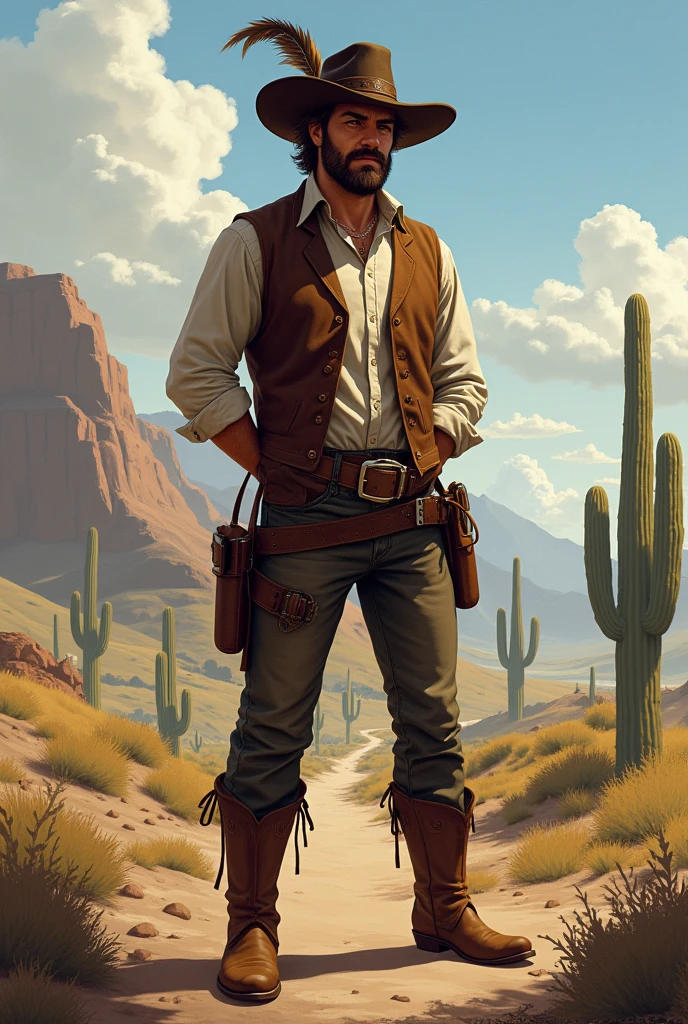 He has combed brown hair and a slightly unkempt beard. His eyes are brown. Use John Marston from Red Dead Redemption as a reference, with a vest and rolled up sleeves. He wears a hat with a feather. He has both hands behind his back in a soldier pose. He is American, with a strong sense of brotherhood, and wears regular pants and boots with spurs. I would like the art to be in a fantasy RPG style, set in the Old West.