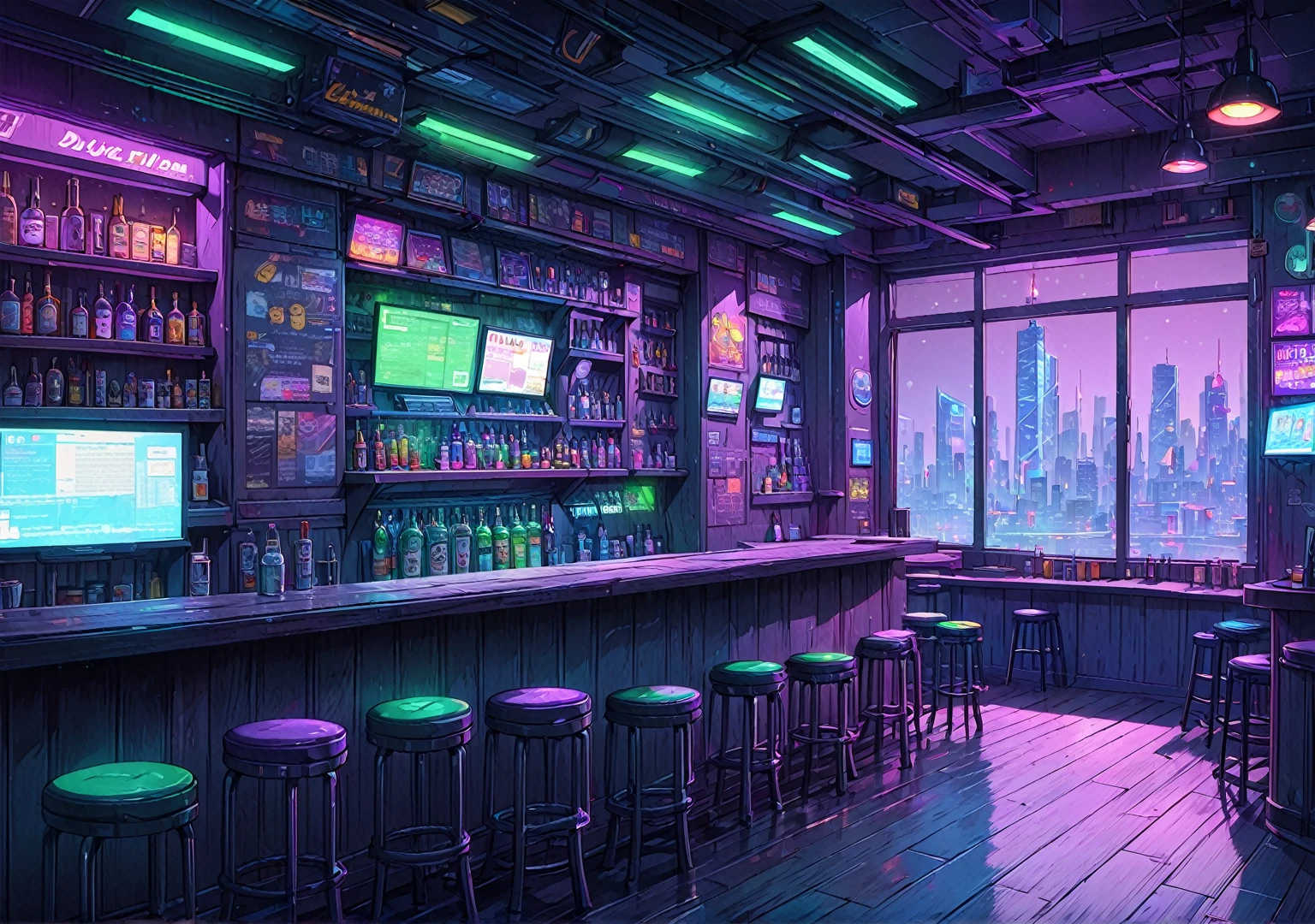 illustration, detailed illustration, ultra detailed, dive bar, cyberpunk, purple and green, dark interior, sci fi, night, (shadowy:1.3), window, skyline in window, empty