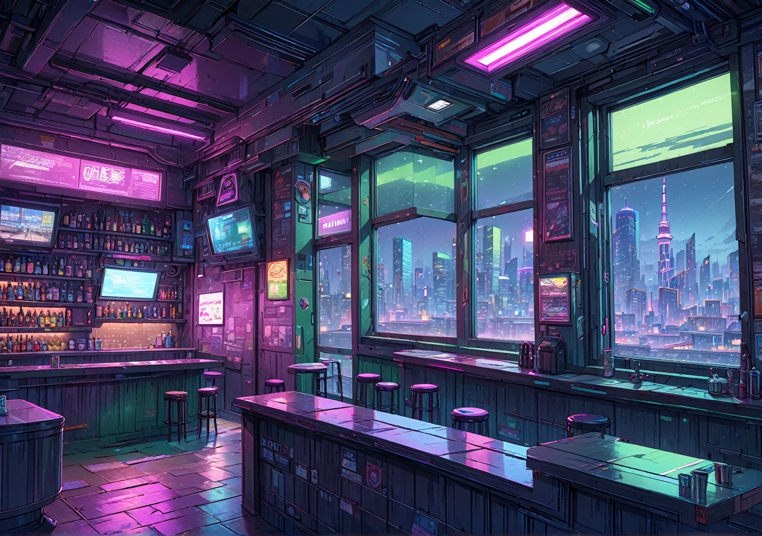 illustration, detailed illustration, ultra detailed, dive bar, cyberpunk, purple and green, dark interior, sci fi, night, (shadowy:1.3), window, skyline in window, empty