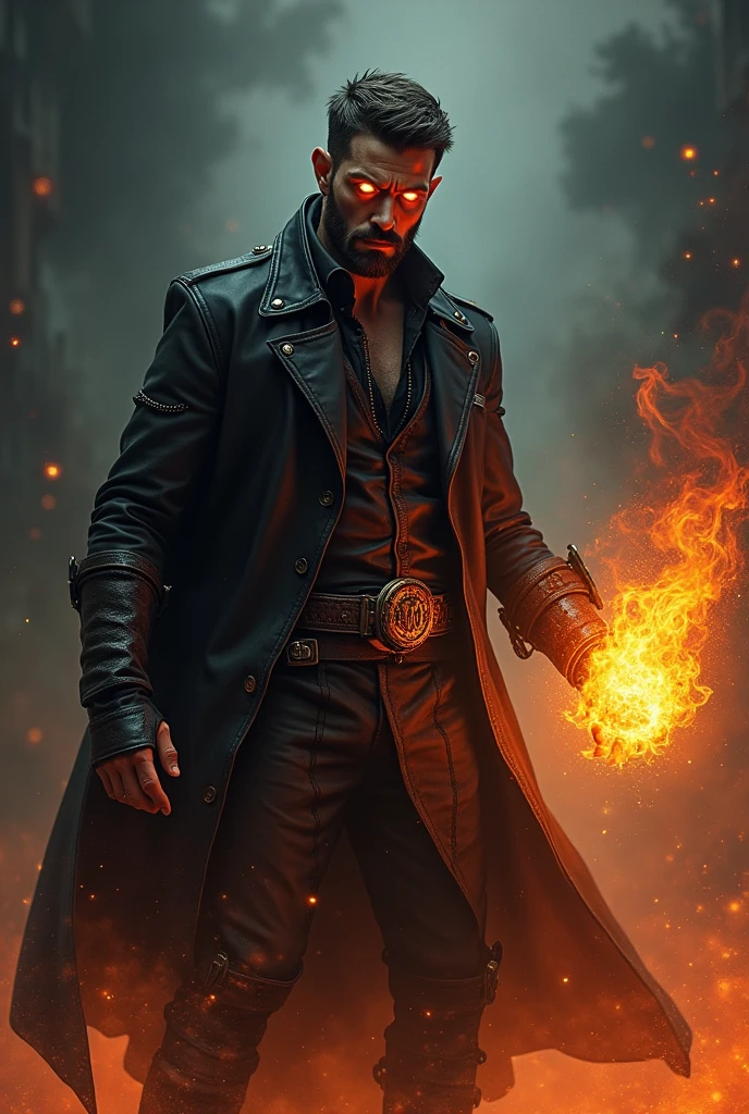 Man with short hair, smoker and dark skin color , with the powers of ghost rider and evil magic