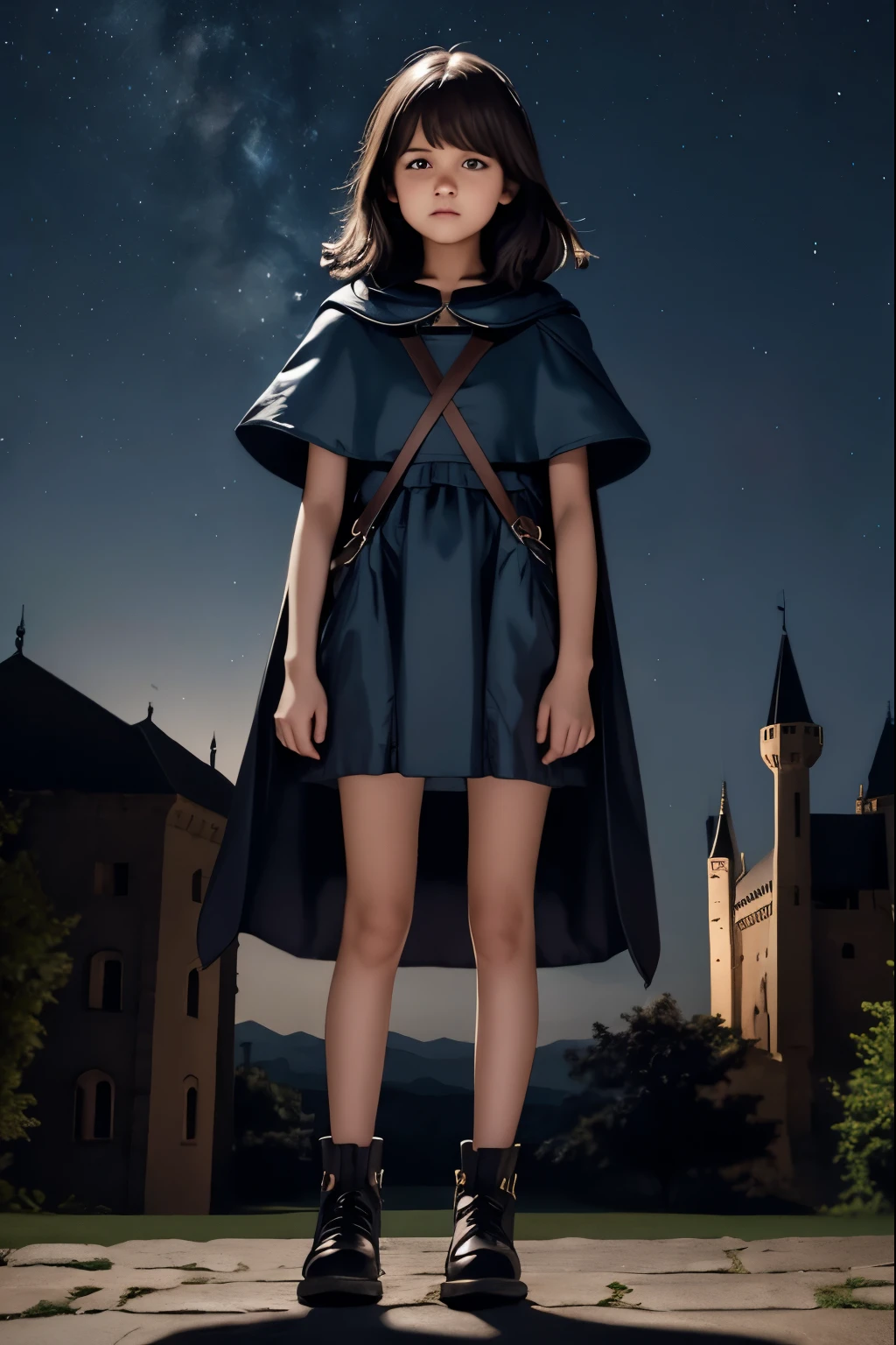 night sky, castle, 1girl, standing, solo, full body, , maribe, puffy short sleeves, cape, bag