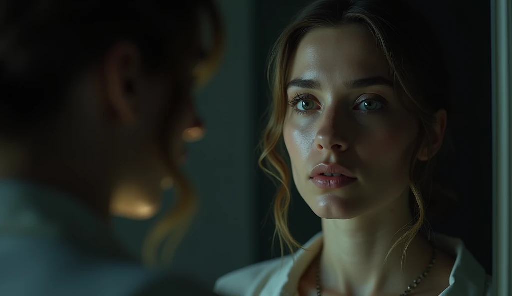 (masterpiece, best quality:1.2), (close-up of a woman gazing intensely at herself in the mirror:1.3), (focused on the woman, soft reflections in the mirror:1.3), (shadow of another person subtly visible in the mirror:1.1), (dramatic lighting, high contrast:1.2), (emphasized facial expression, determination:1.3), (8K, ultra-detailed, hyper-detailed, RAW photo quality, Unreal Engine rendering:1.3)