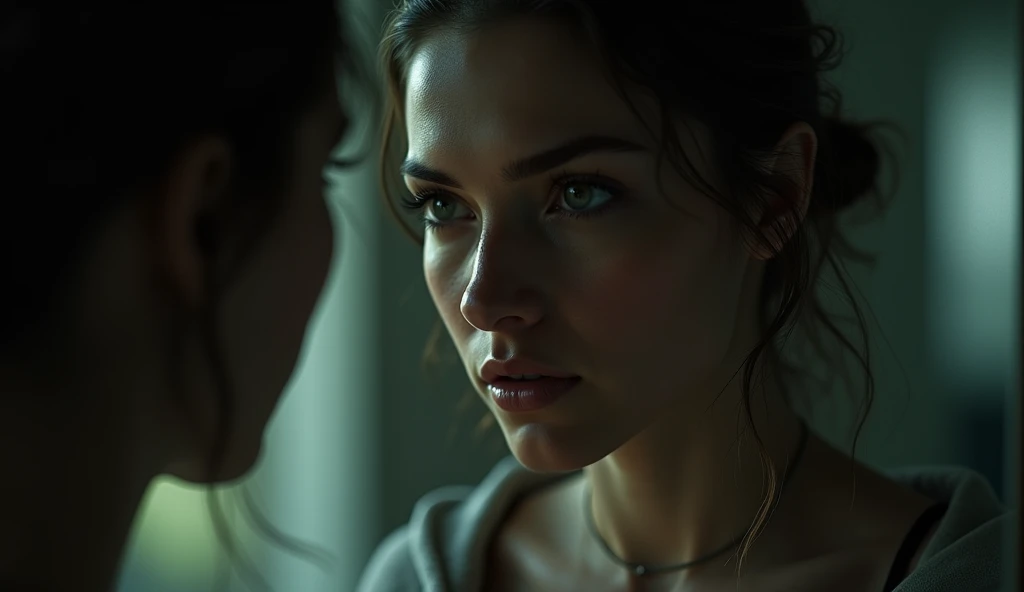 (masterpiece, best quality:1.2), (close-up of a woman gazing intensely at herself in the mirror:1.3), (focused on the woman, soft reflections in the mirror:1.3), (shadow of another person subtly visible in the mirror:1.1), (dramatic lighting, high contrast:1.2), (emphasized facial expression, determination:1.3), (8K, ultra-detailed, hyper-detailed, RAW photo quality, Unreal Engine rendering:1.3)