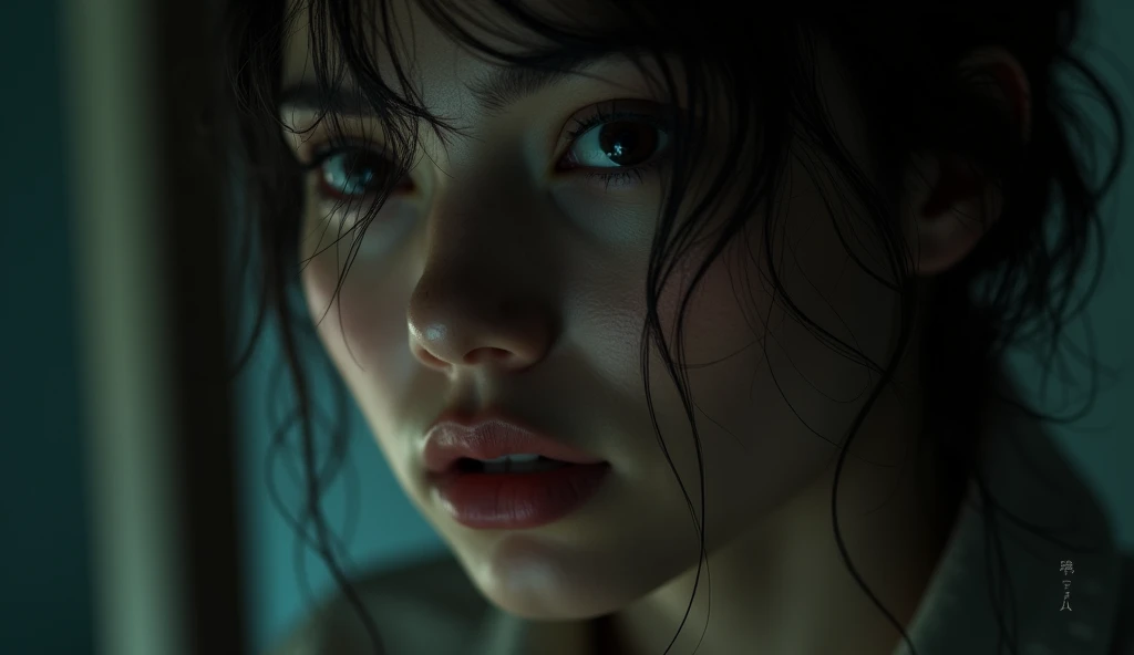 (masterpiece, best quality:1.2), (close-up of a woman gazing intensely at herself in the mirror:1.3), (focused on the woman, soft reflections in the mirror:1.3), (shadow of another person subtly visible in the mirror:1.1), (dramatic lighting, high contrast:1.2), (emphasized facial expression, determination:1.3), (8K, ultra-detailed, hyper-detailed, RAW photo quality, Unreal Engine rendering:1.3)