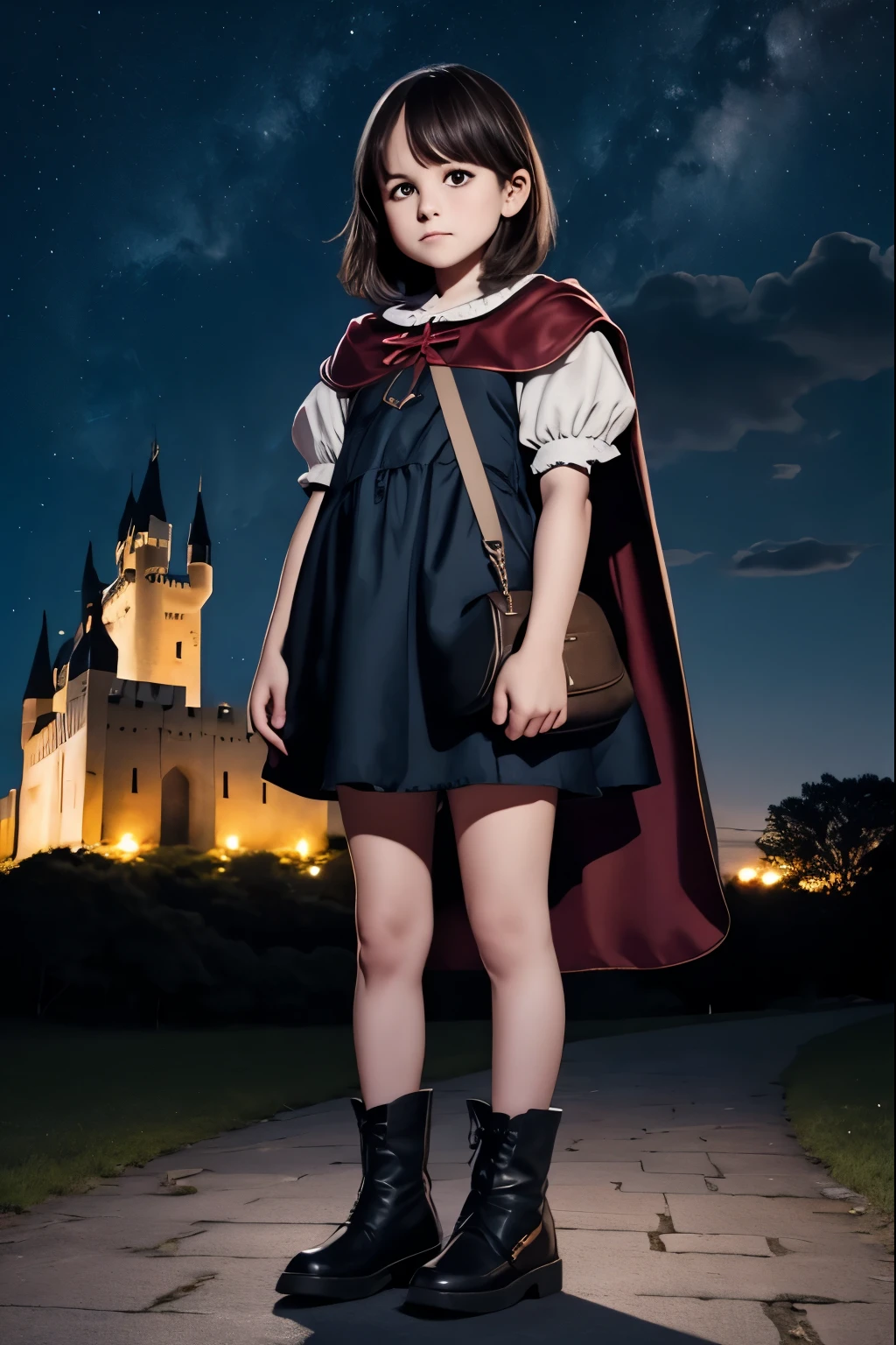 night sky, castle, 1girl, standing, solo, full body, , maribe, puffy short sleeves, cape, bag