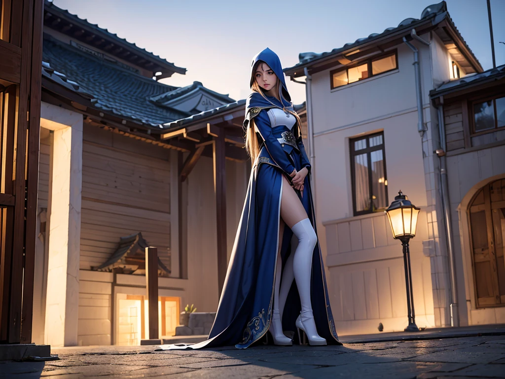 South korea asssassin's creed walk women mystery hooded on with modern royal Blue coat with long and wide sleeves with buttons and royal Blue cape and very high white heel over the knee and white gloves, As she reveals a small secret hidden blade coming from his wrist , adding to the characters mysterious, with small movements of air on the cape, in summer at night under the rain, with buildings featuring curved eaves and detailed architecture. sophisticated and highly detailed, ultra hd, realistic, hyper detailed, enhanced colours, ultra sharp focus, with vibrant, rich in details High quality, gorgeous, captivating, 8k, super detailed, stunning shadows, detailed lines, blood stain on coat and gloves and walls, slit a person's throat