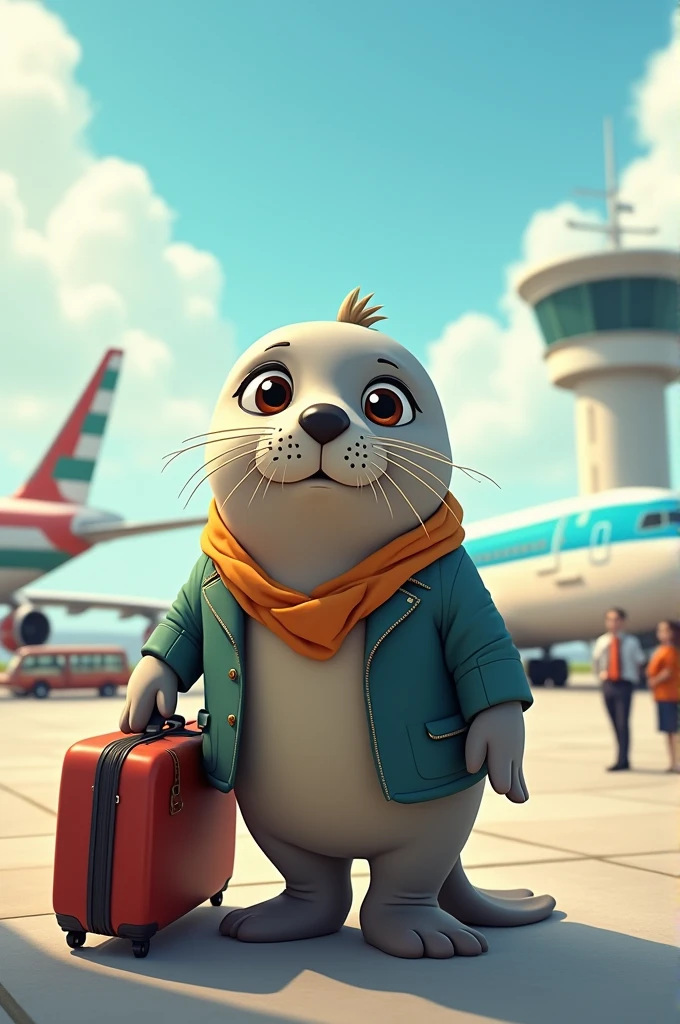A seal boarding a plane with a suitcase