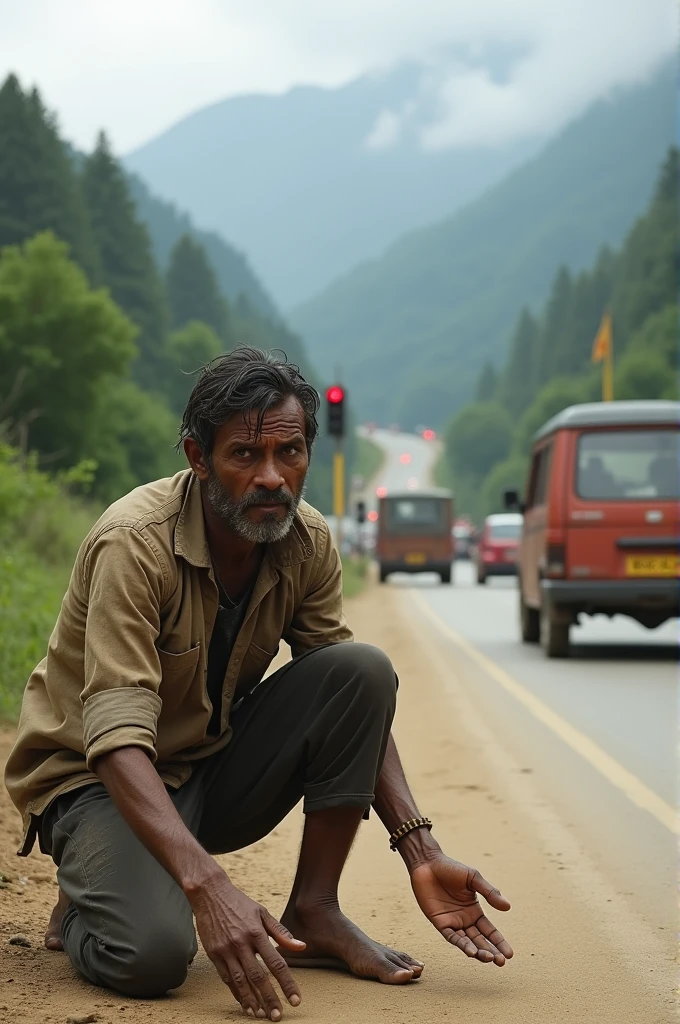 A man begging on the road of country Nepal behind the car on traffic signal and traffic is taking him away from road 