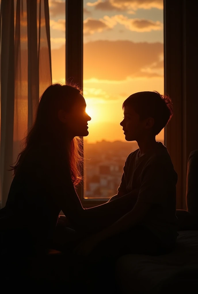 ((Horizontal photo))Silhouette photo, Cinematic photo, a mother and son facing together sitting behind a window, sunset light get in through, ((high quality)) ((best resolution))