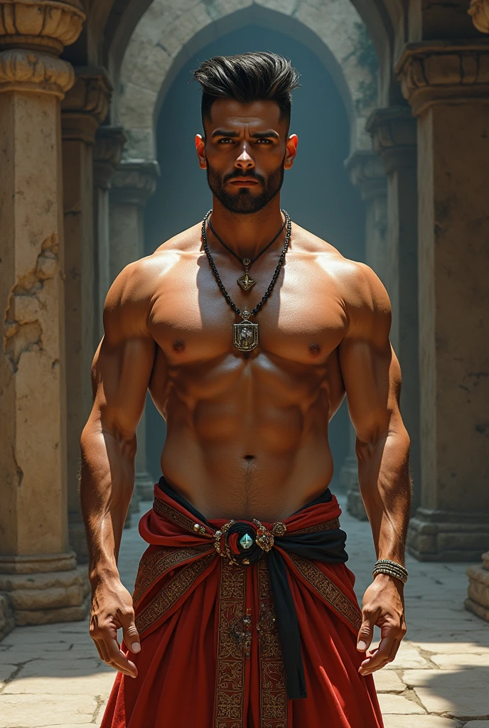 hyperrealistic image of extremely handsome 30 year old spanish man, muscular bodybuilder, stylish hairstyle, have glistening body, wearing a magical crystal necklace and traditional pants, in ancient temple