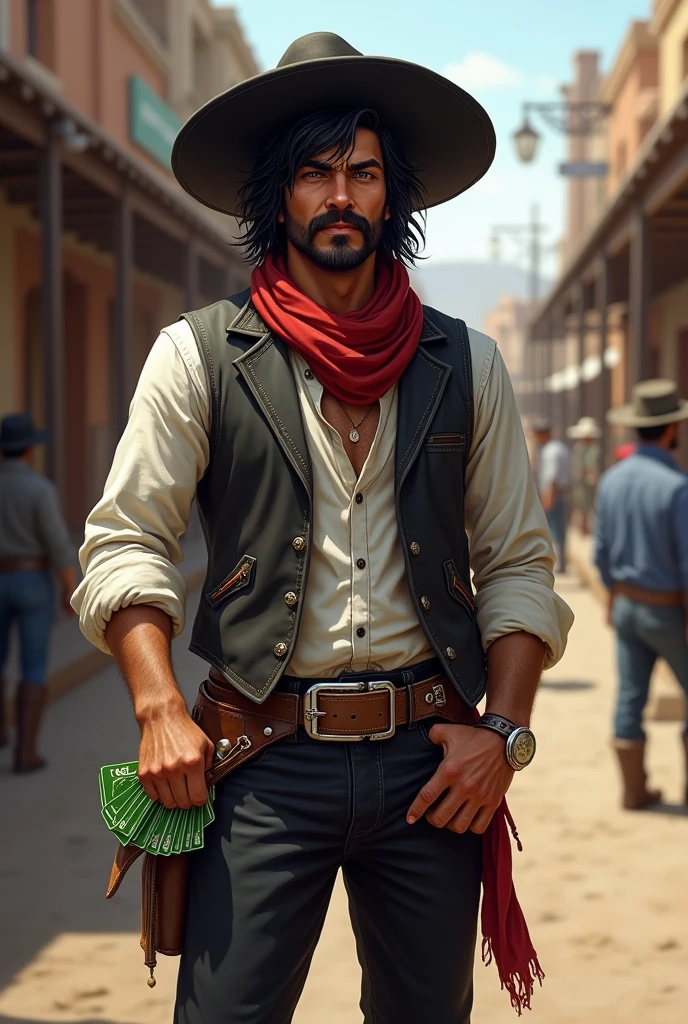 Make a full body art of a well-groomed adult Mexican street vendor with long, messy dark hair and a neat mustache and goatee. He wears a dark vest and a plain white shirt. He wears a black hat. He wears black pants with a buckle. A red scarf is wrapped around his neck and boots with spurs. He holds a green deck of cards in one hand, while the other hand is in his pocket. The character should be styled in a fantasy RPG art style, set in the Wild West. He is mature.
