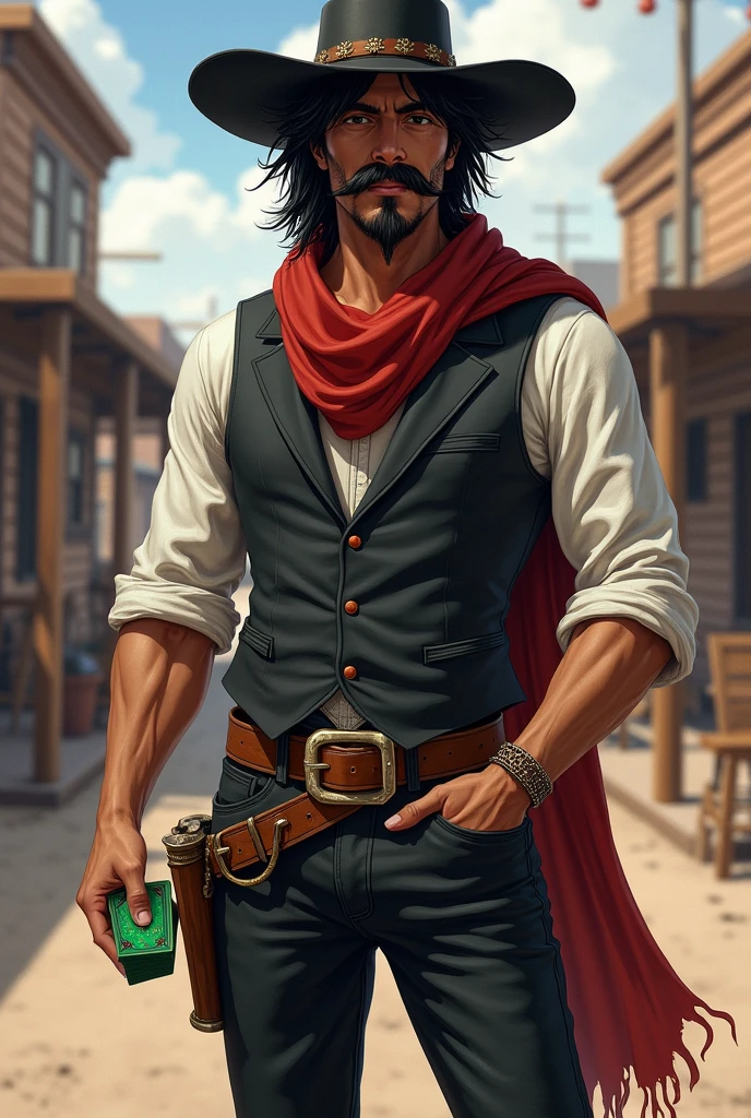 Make a full body art of a well-groomed adult Mexican street vendor with long, messy dark hair and a neat mustache and goatee. He wears a dark vest and a plain white shirt. He wears a black hat. He wears black pants with a buckle. A red scarf is wrapped around his neck and boots with spurs. He holds a green deck of cards in one hand, while the other hand is in his pocket. The character should be styled in a fantasy RPG art style, set in the Wild West. He is mature.