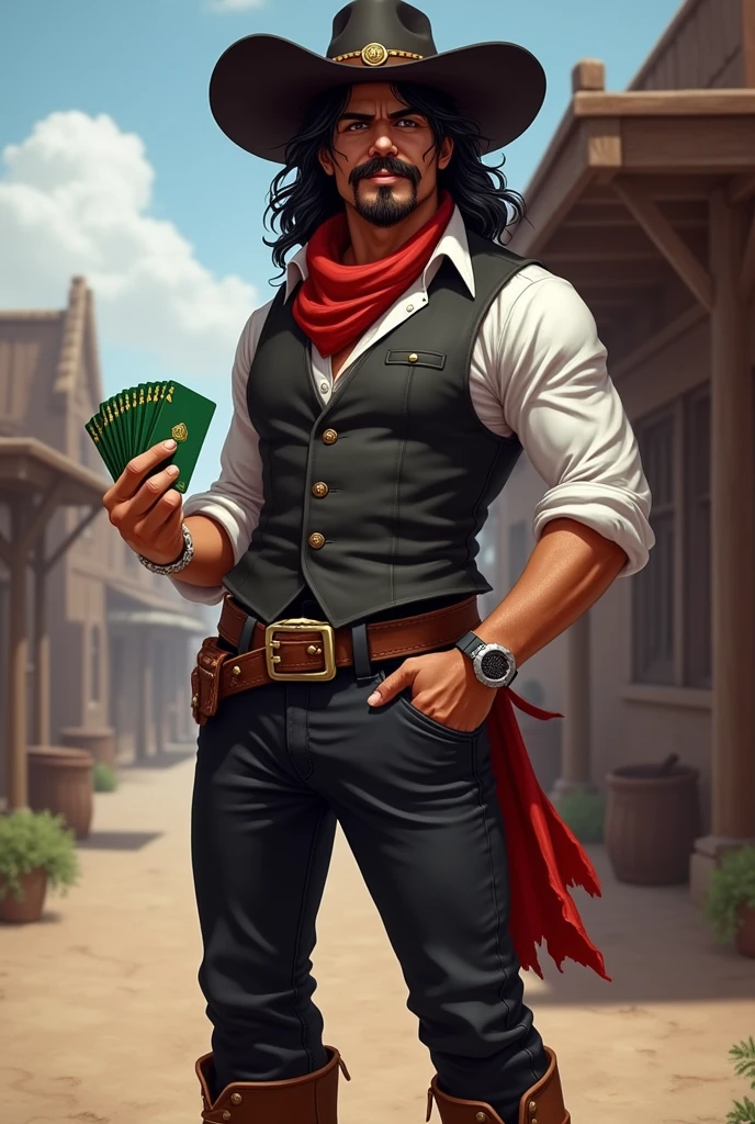 Make a full body art of a well-groomed adult Mexican street vendor with long, messy dark hair and a neat mustache and goatee. He wears a dark vest and a plain white shirt. He wears a black hat. He wears black pants with a buckle. A red scarf is wrapped around his neck and boots with spurs. He holds a green deck of cards in one hand, while the other hand is in his pocket. The character should be styled in a fantasy RPG art style, set in the Wild West. He is mature.