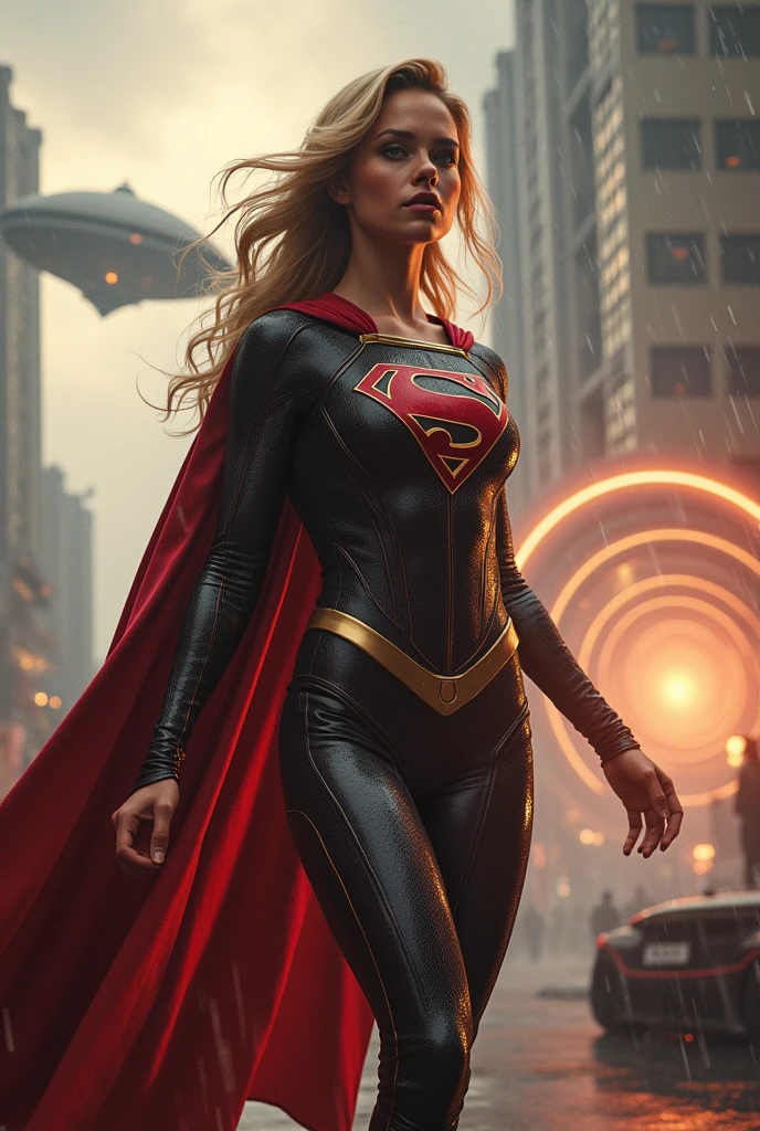 margot robbie, 1girl,supergirl, void portal, gigantic alien mothership on sky, action shot, rain, masterpiece, trending on art station,  unreal engine, trending on deviantart, skin tight see through vinyl armor,