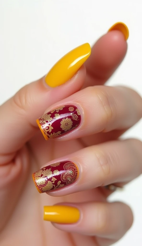 Create a Asian yellow style nail design in wine colors in an square shape with a white background with realistic fingers