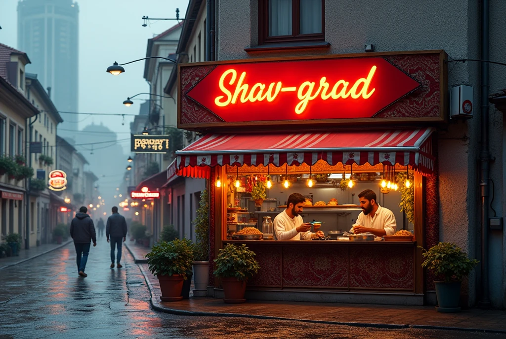 Midday, sunset, A small, cozy fast-food cafe with a red sign written in Tajik font, text sign says "Shav-grad", located in a modern Latvian city. The restaurant's interior is filled with the aroma of spices and fresh meat. The walls are adorned with vibrant, patterned carpets, creating a warm and welcoming atmosphere. Behind the counter, two men with dark complexions, likely of Tajik or Pakistani origin, are serving food. The exterior shows a busy, modern cityscape typical of modern Latvia, with narrow streets, skyscrapers on the background, and a mix of old and modern buildings. A slight fog hangs over the area, adding to the working-class vibe of the neighborhood.