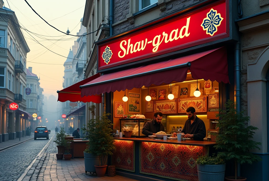 Midday, sunset, A small, cozy fast-food cafe with a red sign written in Tajik font, text sign says "Shav-grad", located in a modern Latvian city. The restaurant's interior is filled with the aroma of spices and fresh meat. The walls are adorned with vibrant, patterned carpets, creating a warm and welcoming atmosphere. Behind the counter, two men with dark complexions, likely of Tajik or Pakistani origin, are serving food. The exterior shows a busy, modern cityscape typical of modern Latvia, with narrow streets, skyscrapers on the background, and a mix of old and modern buildings. A slight fog hangs over the area, adding to the working-class vibe of the neighborhood.