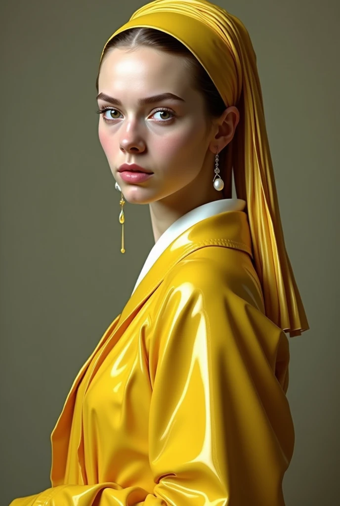 Creer de facon realiste le tableau de Johannes Vermeer qui est la jeune fille à la perle de Johannes Vermeer. Elle est habillée de la meme facon que le tableau original. Son habit est en matiere latex pvc vinyle brillant jaune, et son foulard sur la tete est en matiere latex vinyle pvc brillant