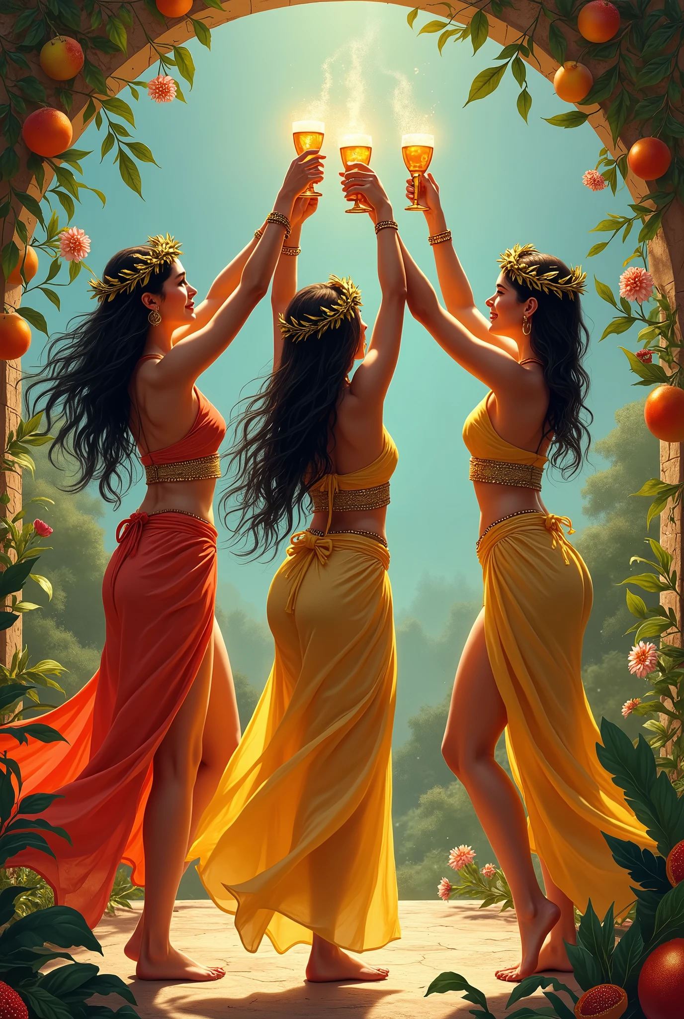 Create an image set in barbarian Sumeria showing three beautiful young women dancing in a circle, raising their bronze cups in a toast of joy. They are surrounded by fruits and flowers, symbolizing abundance and happiness. Every woman wears a laurel wreath, representing victory and success. Remember that we are in the land of barbarians and sorcerers.