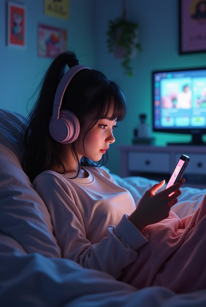 Girl listing to gossip on YouTube on channel on
Tv laying on bed