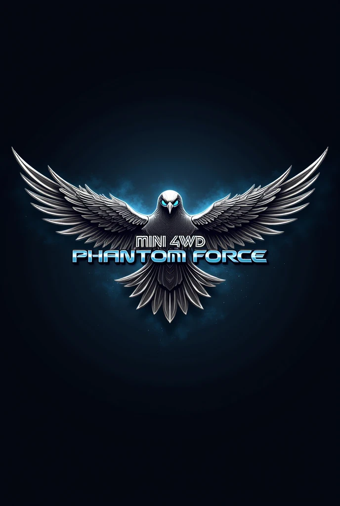 Make me tamiya mini 4WD phantom force logo with a car bird look like design and a text in the middle: mini 4WD /n phantom force