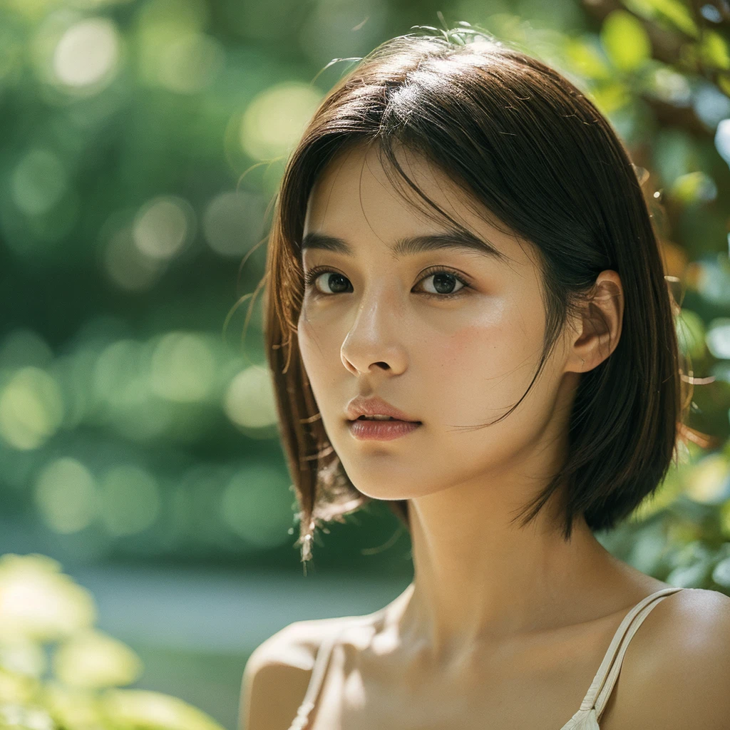 A hyper-realistic image of a single Japanese woman in her early 20s, captured with the nostalgic warmth and subtle graininess of a film camera, focusing on her upper body from the shoulders up. Her skin has a warm beige tone with a natural, slightly rough texture that includes visible pores, fine lines, and subtle imperfections such as small blemishes, adding to the authenticity of her appearance. The soft, diffused natural light enhances the film-like quality, casting gentle shadows across her face and shoulders to create a timeless, organic feel. Her straight, glossy black hair frames her face in a natural, slightly tousled manner, and her deep brown eyes reflect the ambient light, adding depth and emotion. The film camera effect introduces a slight grain and a softer focus, giving the image a warm, nostalgic atmosphere while maintaining the realistic texture of her skin. She is dressed in a simple, elegant top that complements her natural beauty, with the overall composition designed to evoke a sense of genuine, understated elegance. The use of natural light, combined with the deliberately rougher texture of her skin and the film-like qualities, ensures that this image captures the imperfections that make her beauty truly lifelike, focusing solely on this one individual from the shoulders up.