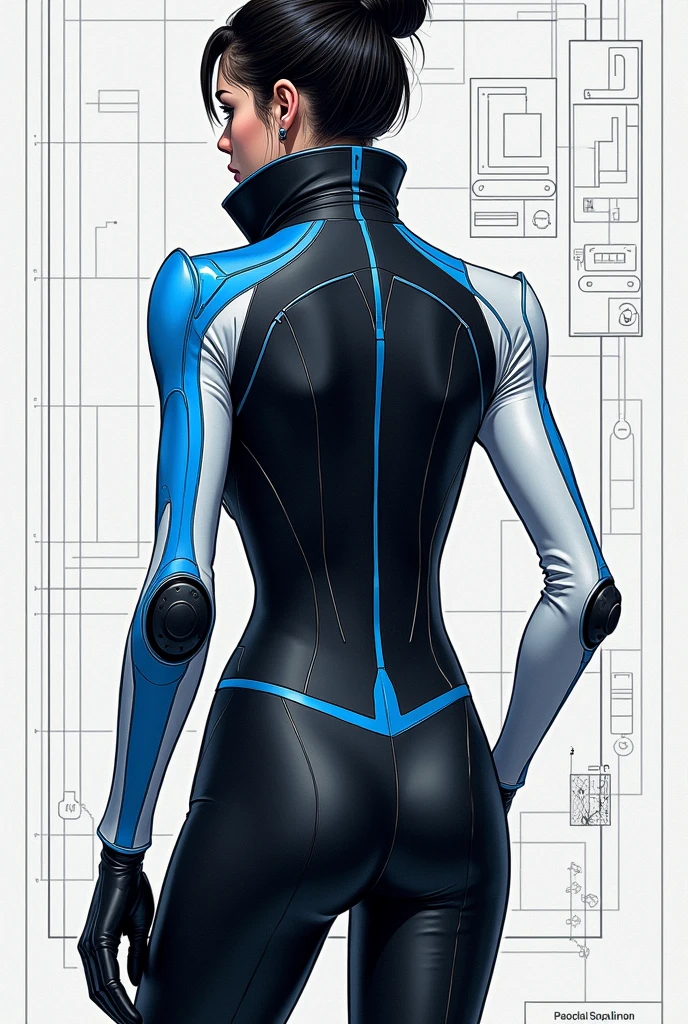 Create a futuristic jacket illustration in a technical, blueprint-like style. The jacket should feature a high, structured collar and a color scheme dominated by black, with blue and white accents. Make the right sleeve solid white with blue line details, including a prominent 'M' on the shoulder. Provide front, back, and side views, each drawn with precise, clear lines, and incorporate grid lines to emphasize a technical design. The overall look should be schematic, focusing on order and clarity, resembling a technical fashion design illustration