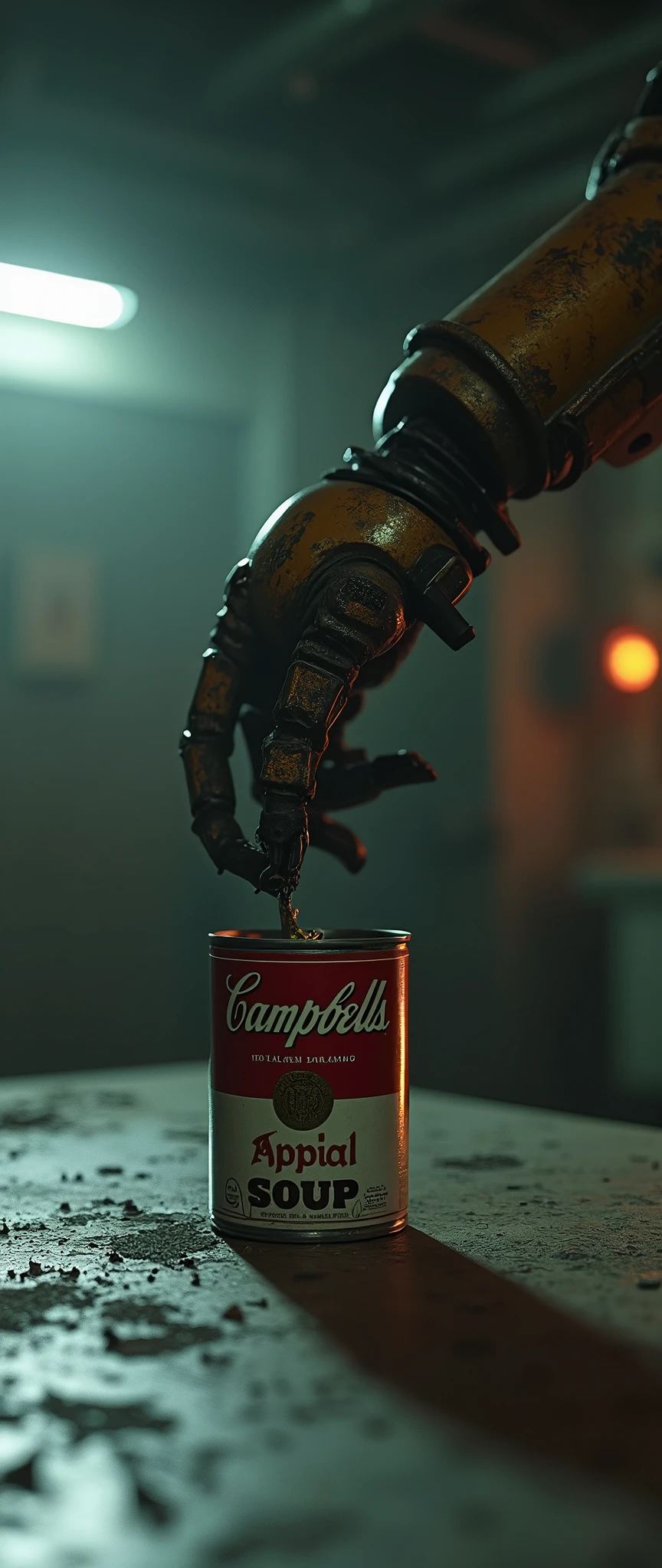 (masterpiece:1.2, Exceptional Quality, mirror-like, Cinematic Experience, Photorealistic:2.0, RAW Photos:2.0, Super detailed), 8k, 16:9, wallpaper, (In a dimly lit, cyberpunk-inspired room:2.0), (vintage, industrial robotic arm:2.0) slowly opening a can of soup with an electric can opener, cold, metallic textures, minimal lighting casting long shadows, reflecting surfaces with a dull, bluish-gray hue, (slightly rusted Campbell’s soup can with peeling labels:2.0), eerie sense of decay and abandonment, (faint orange glow from malfunctioning LED lights:2.0), (monochrome palette:2.0), nostalgic yet unsettling atmosphere.
