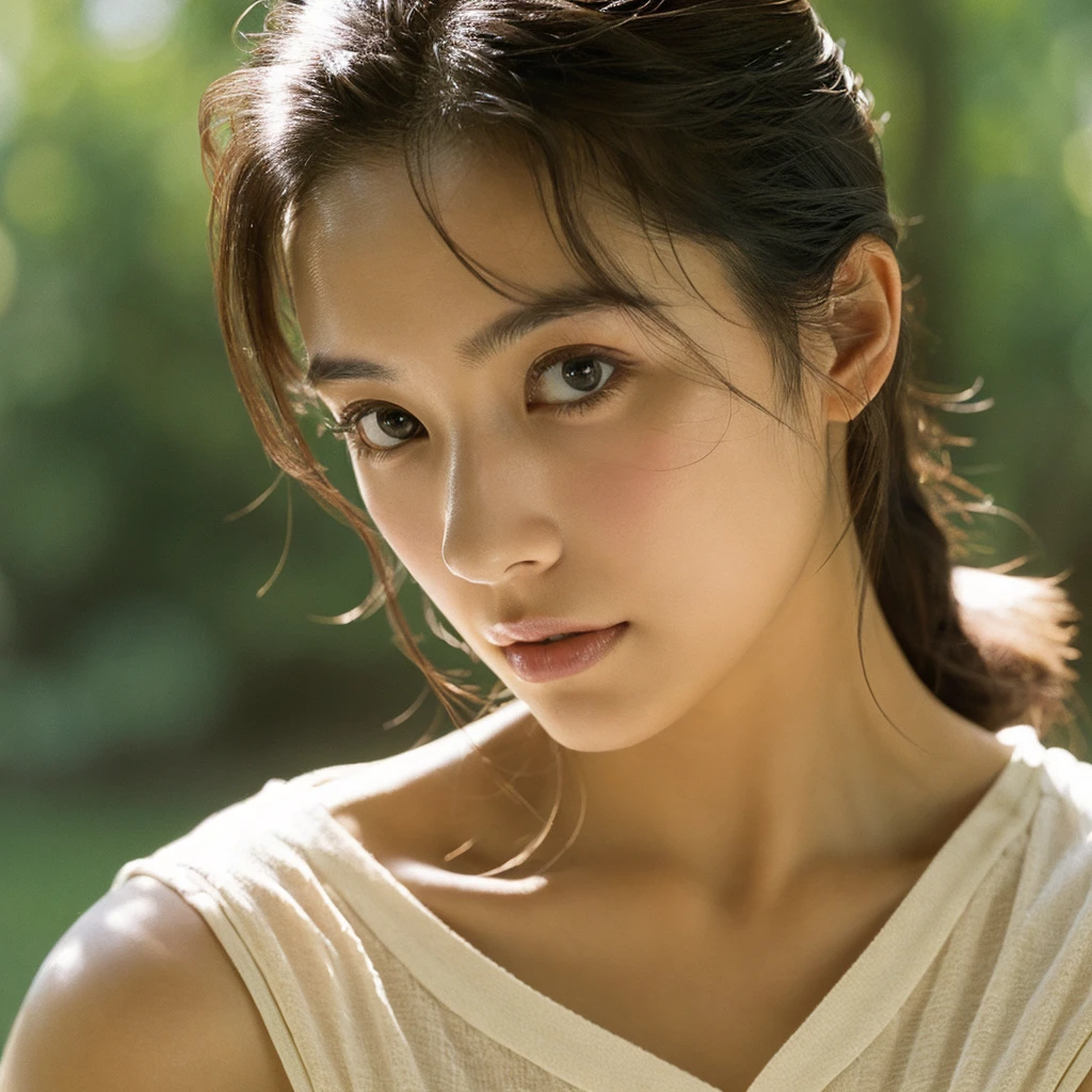 A hyper-realistic image of a single Japanese woman in her early 20s, captured with the nostalgic warmth and subtle graininess of a film camera, focusing on her upper body from the shoulders up. Her skin has a warm beige tone with a natural, slightly rough texture that includes visible pores, fine lines, and subtle imperfections such as small blemishes, adding to the authenticity of her appearance. The soft, diffused natural light enhances the film-like quality, casting gentle shadows across her face and shoulders to create a timeless, organic feel. Her straight, glossy black hair frames her face in a natural, slightly tousled manner, and her deep brown eyes reflect the ambient light, adding depth and emotion. The film camera effect introduces a slight grain and a softer focus, giving the image a warm, nostalgic atmosphere while maintaining the realistic texture of her skin. She is dressed in a simple, elegant top that complements her natural beauty, with the overall composition designed to evoke a sense of genuine, understated elegance. The use of natural light, combined with the deliberately rougher texture of her skin and the film-like qualities, ensures that this image captures the imperfections that make her beauty truly lifelike, focusing solely on this one individual from the shoulders up.