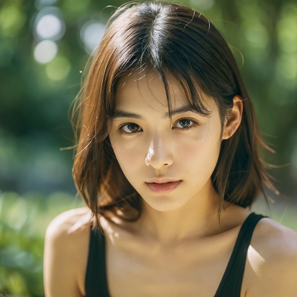 A hyper-realistic image of a single Japanese woman in her early 20s, captured with the nostalgic warmth and subtle graininess of a film camera, focusing on her upper body from the shoulders up. Her skin has a warm beige tone with a natural, slightly rough texture that includes visible pores, fine lines, and subtle imperfections such as small blemishes, adding to the authenticity of her appearance. The soft, diffused natural light enhances the film-like quality, casting gentle shadows across her face and shoulders to create a timeless, organic feel. Her straight, glossy black hair frames her face in a natural, slightly tousled manner, and her deep brown eyes reflect the ambient light, adding depth and emotion. The film camera effect introduces a slight grain and a softer focus, giving the image a warm, nostalgic atmosphere while maintaining the realistic texture of her skin. She is dressed in a simple, elegant top that complements her natural beauty, with the overall composition designed to evoke a sense of genuine, understated elegance. The use of natural light, combined with the deliberately rougher texture of her skin and the film-like qualities, ensures that this image captures the imperfections that make her beauty truly lifelike, focusing solely on this one individual from the shoulders up.