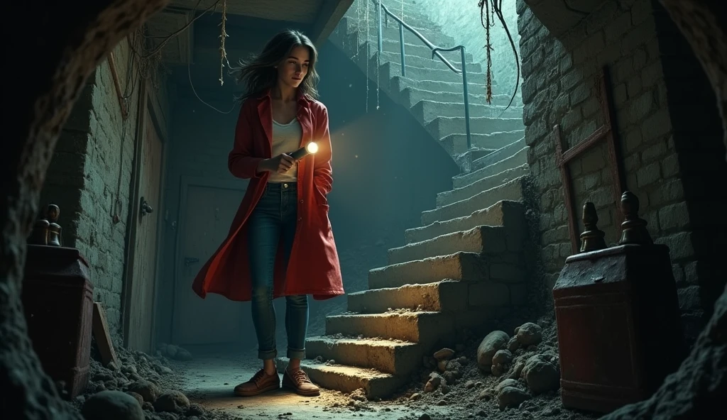 (As she explores the building, she finds a hidden staircase leading underground. She follows it down to a dark, musty basement filled with old university relics and forgotten artifacts.) maya seed is 1342503350, wearing red long shirt jacket with blue jean and holding glashlight. the stair is going from top to underground basement.