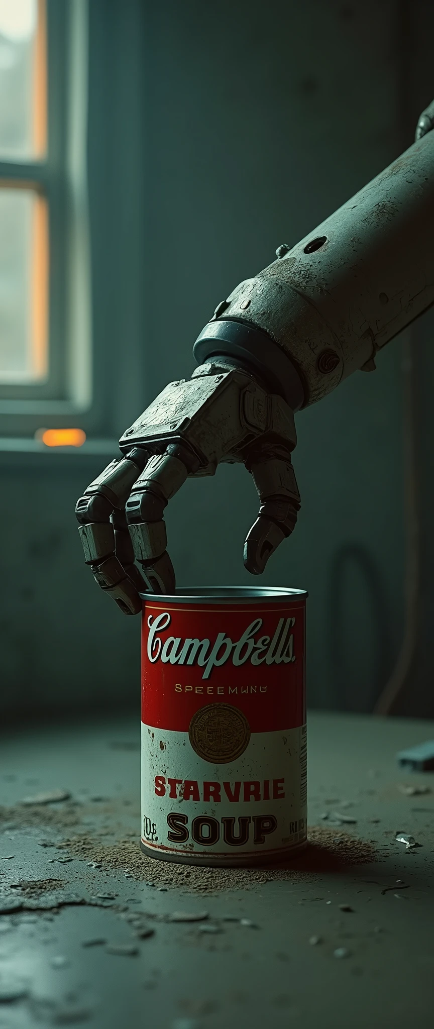 (masterpiece:1.2, Exceptional Quality, mirror-like, Cinematic Experience, Photorealistic:2.0, RAW Photos:2.0, Super detailed), 8k, 16:9, wallpaper, (In a dimly lit, cyberpunk-inspired room:2.0), (vintage, industrial robotic arm:2.0) slowly opening a can of soup with an electric can opener, cold, metallic textures, minimal lighting casting long shadows, reflecting surfaces with a dull, bluish-gray hue, (slightly rusted Campbell’s soup can with peeling labels:2.0), eerie sense of decay and abandonment, (faint orange glow from malfunctioning LED lights:2.0), (monochrome palette:2.0), nostalgic yet unsettling atmosphere.
