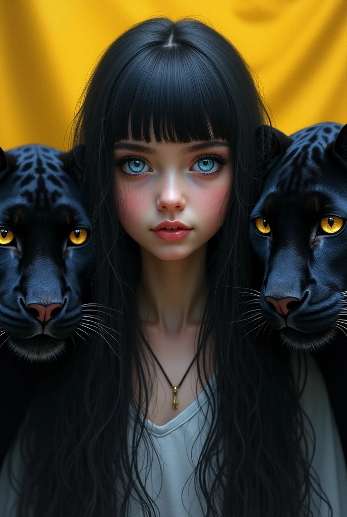A girl with long straight black hair without bangs and thousand-colored eyes with black panthers on each side of the girl and the background of the image that is the flag of the country Colombia and that looks complete