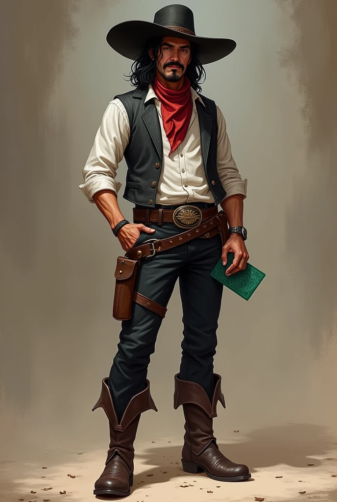 Make a full body art of a well-groomed adult Mexican street vendor with long, messy dark hair and a neat mustache and goatee. He wears a dark vest and a plain white shirt. He wears a black hat. He wears black pants with a buckle. A red scarf is wrapped around his neck and boots with spurs. He holds a green deck of cards in one hand, while the other hand is in his pocket. The character should be styled in a fantasy RPG art style, set in the Wild West. He is mature.