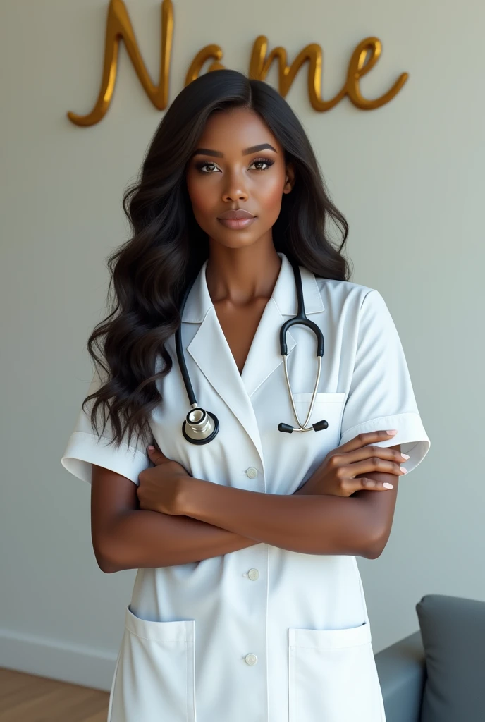 Mulher bonita, brown skin and long braid hair, roupa casual e sexy, olhos castanhos e corpo mediano, Beautiful beautiful and sensual full body inside a doctor's office and wearing lab coat