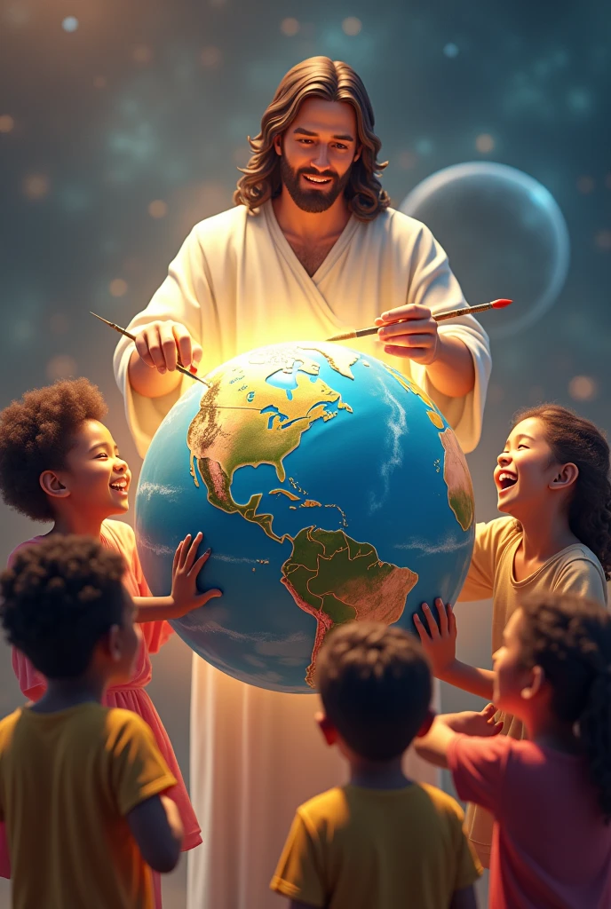 png 3D drawing of Jesus painting the planet earth and children of various races looking happy 