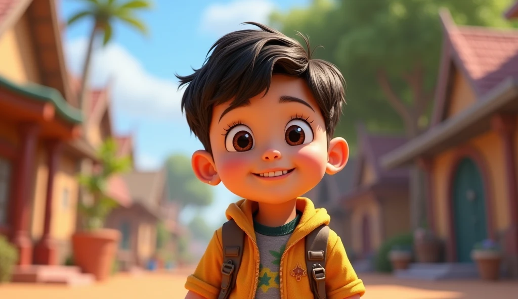 Boy image for YouTube video story in Pixar style, He is a little Alla Bester., He is the class leader., He is about to go out., Playful and curious about many things, short hair
