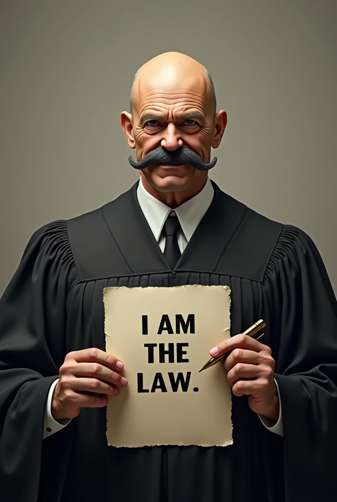 A bald supreme court judge with a sarcastic smile and a mustache like Adolf Hitler with a pen in one hand and in the other hand a sheet of paper written I am the law