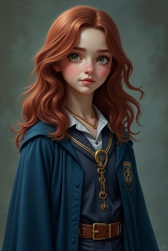 Create a character for a Harry Potter RPG that I participate in with the following characteristics: Hermione Granger-inspired with medium-length dark marsala reddish brown hair; with eyes that vary between green, gray and light brown; fair skin and blue Ravenclaw witch robes