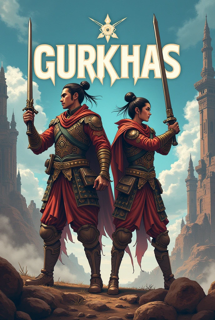 cover with the word Gurkhas, with a couple with weapons in a fantasy anime style based on video games
