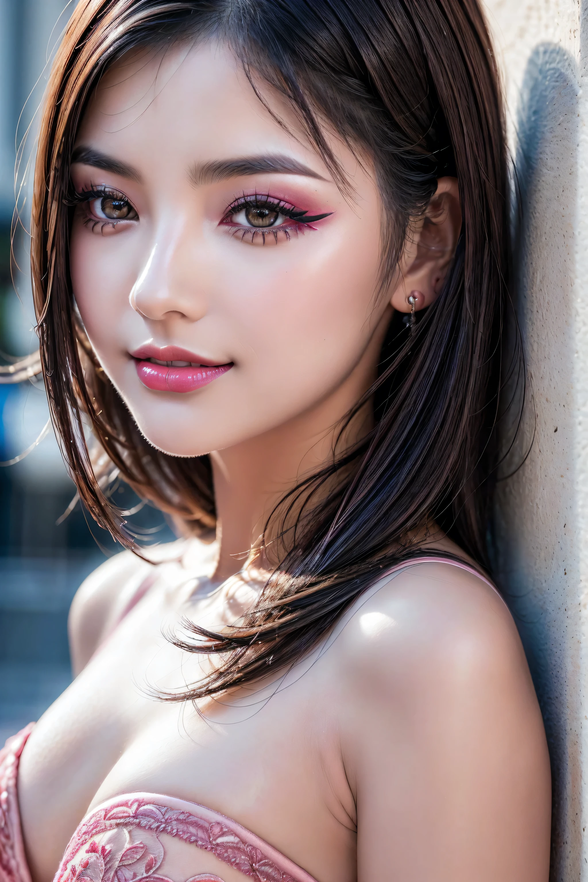 Realistic (photorealistic Realism), (high resolution), ((intricately detailed digital art)). (ultra realistic texture details: velvety skin, hair.), (ultra quality), professional photography, (glamour shot of Japanese woman:1.3), (intricately detailed clear and sharp perfect round realistic brown_eyes), (droopy eyes), BREAK, detailed lips:1.3, (red_lipstick:1.12), (pink_makeup:1.45), (long_blue_eyeliner:1.3), ((perfect dark_eyeshadows:1.45)), (there a close up of a woman's), (super detailed makeup on eyes), Thin eyebrows (Carefully draw eyelashes, Eyelash extensions), ((dry skin)), (blush:0.3), (Goosebumps:0.3), ((baba z cycami i hujem na czole XD)), focus of woman, dynamic pose, ((sexy and seductive, flirty smile)), (sharp focus, captured by Fujifilm XT3, f 5.6, in exquisite balance of shadows, perfect composition). ((upper body shot)), (look at the viewer). \ e Z e \ 4fan