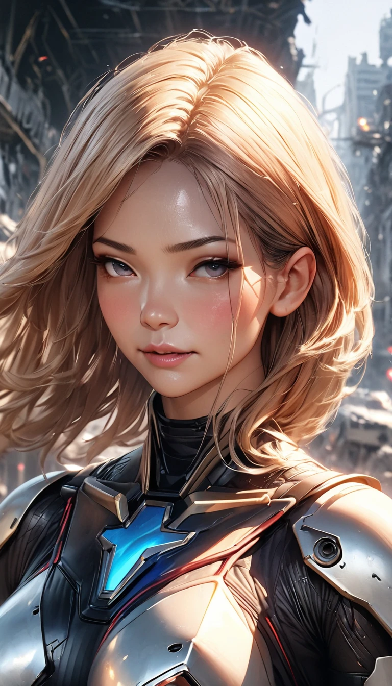 In a destroyed city of the future、Medium shot photo of a sexy female cyborg in damaged and discoloured futuristic armour, Fantasy, sf, Beautiful woman face, Fascinating, Sexual, haze, 鮮やかでFascinating目, dramatic, Top quality masterpiece, Realistic, detailed, 8k, High resolution, Shallow depth of field, Cinema Lighting, bloom, The light shines, chromatic aberration, Sharp focus