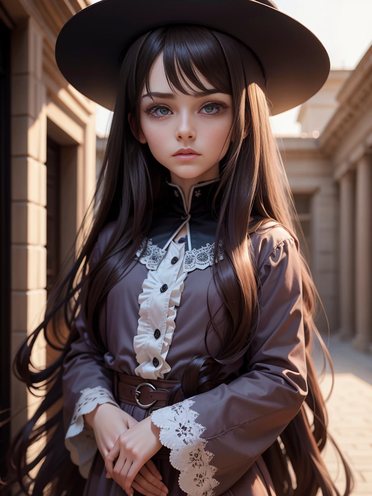 Alone, Long hair, High resolution, looking at the viewer, Brown hair, very long hair, violet eyes, masterpiece, The best quality, anatomically correct, Awarded many times, detail, HD Model, details altos, high quality, quality, Very detailed, UHD, Closed mouth, serious, pale, Fedora, blurred, 1 chico,