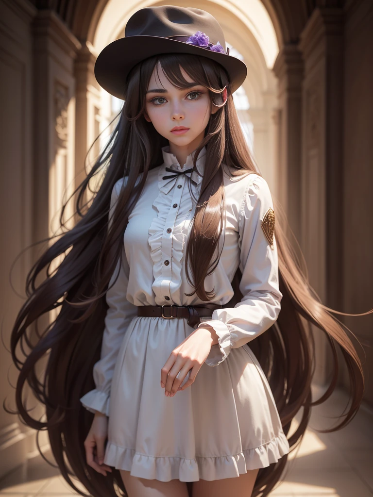 Alone, Long hair, High resolution, looking at the viewer, Brown hair, very long hair, violet eyes, masterpiece, The best quality, anatomically correct, Awarded many times, detail, HD Model, details altos, high quality, quality, Very detailed, UHD, Closed mouth, serious, pale, Fedora, blurred, 1 chico,