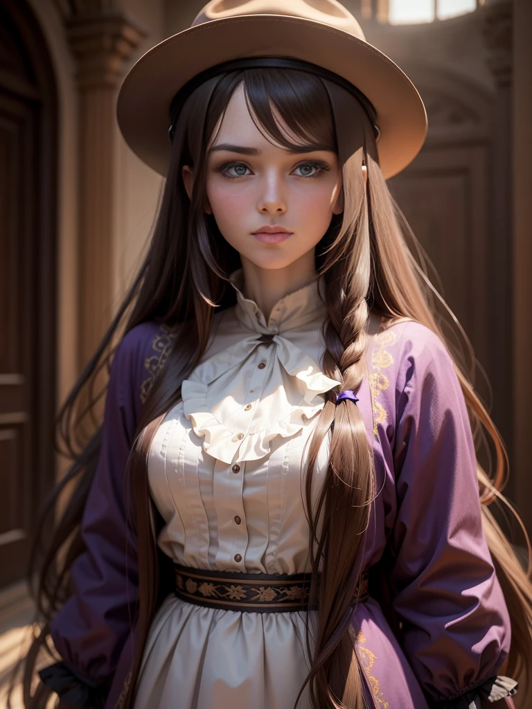 Alone, Long hair, High resolution, looking at the viewer, Brown hair, very long hair, violet eyes, masterpiece, The best quality, anatomically correct, Awarded many times, detail, HD Model, details altos, high quality, quality, Very detailed, UHD, Closed mouth, serious, pale, Fedora, blurred, 1 chico,